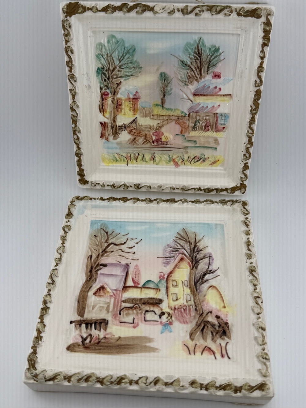 2 Vintage Japanese Hand-Painted Porcelain Wall Plaque 3-D Countryside 6”x 6”